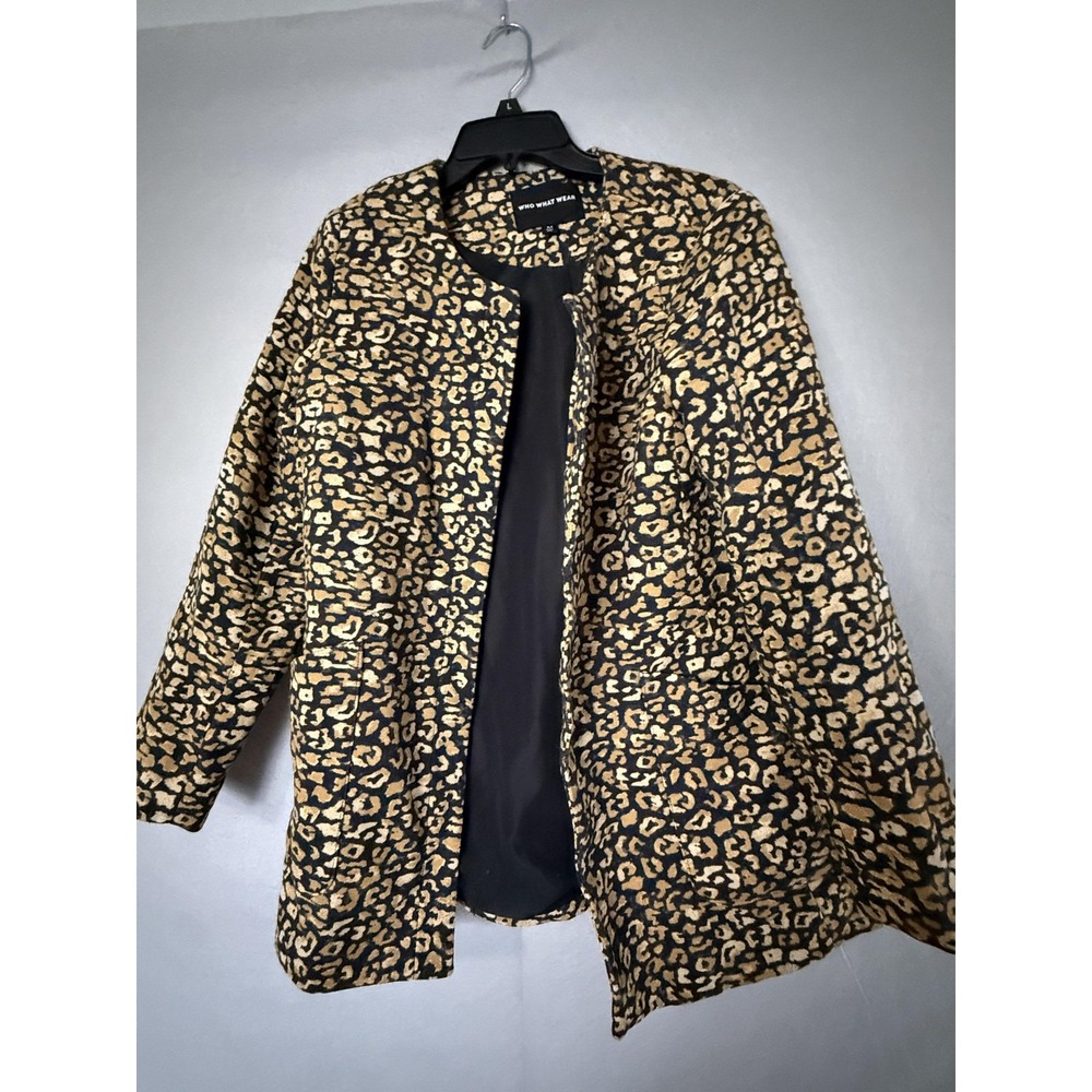 Who What‎ Wear Jacket Womens Medium Brown Leopard Print Collarless Open Pockets